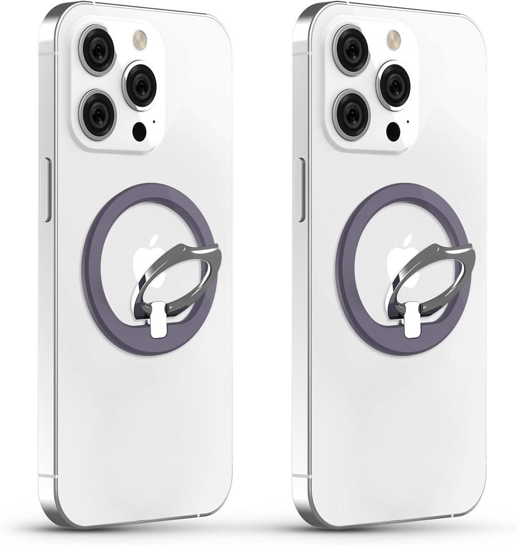 [2 Pack] PROfezzion Metal Ring Holder for Mag Safe, Magnetic Phone Grip Stand with Double-Sided Magnet for iPhone 16 15 14 13 12 Pro Max Plus & Mag Safe Case-Purple