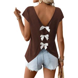 RoseSeek Women's V Neck Bow Backless Tops Cap Sleeve Elegant Casual Tshirt (Brown, XS)