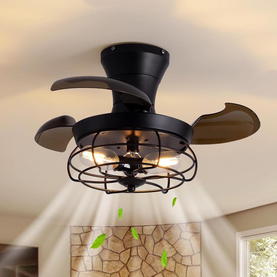 CROSSIO 22" Retractable Ceiling Fans with Lights, Black Caged Fandelier Ceiling Fans with Remote, 6 Wind Speeds,Invisible Blades, Industrial Flush Mount Small Ceiling Fan for Bedroom Living Room