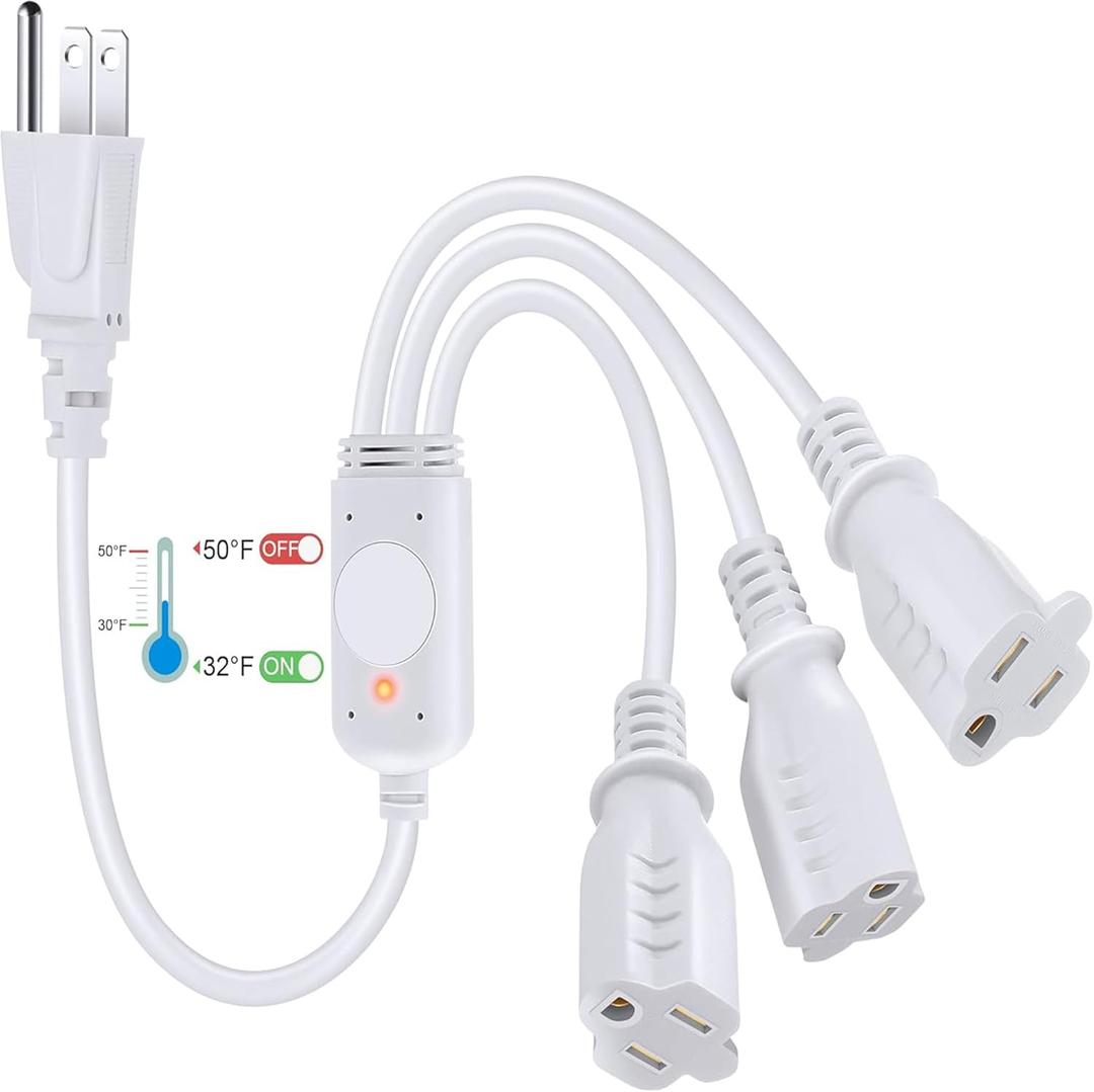 Feekoon 3 Plug 120V Heat Cable Controller, Outdoor Thermostat Controlled Extension Cord, Turns on Below 32F, Off Above 50F for Coop Heaters Deicers Water Pipe Heating Tapes, Energy Saving