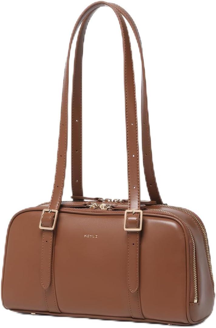 Keyli Swing Zip Shoulder Bag Fashion Purses for Women, Leather Shoulder Handbag Top-Handle Hobo Bags with Adjustable Strap (1.0-brown-double Zip)