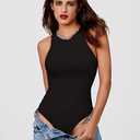 Cyanstyle Womens Bodysuits Sexy Sleeveless Racer Back Halter Neck Double Lined Bodysuit Tank Top Black L