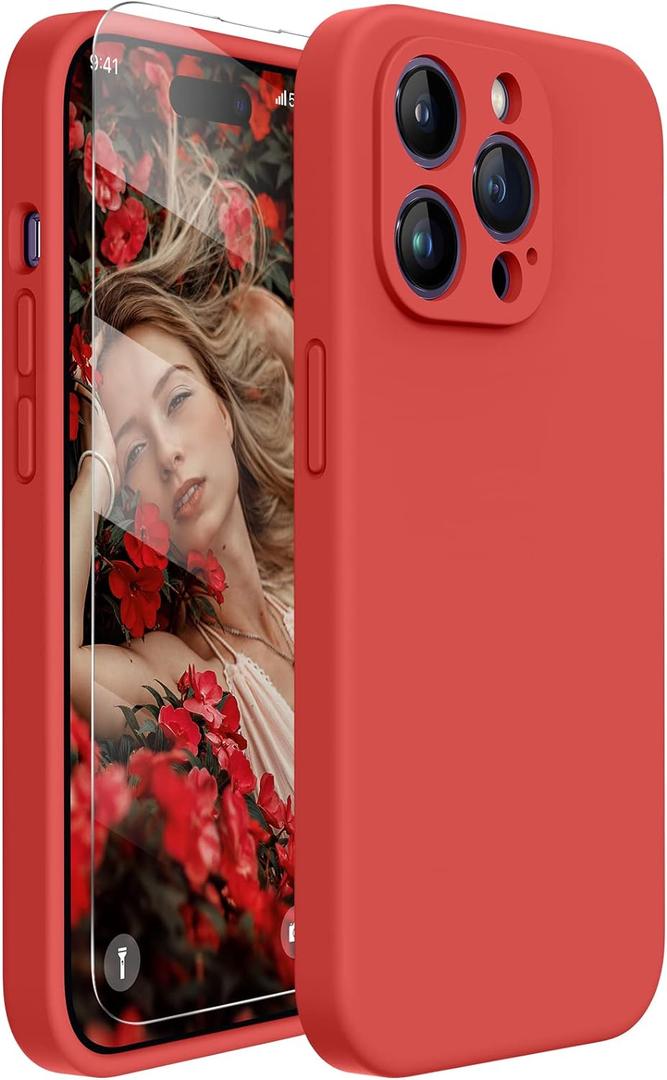 Miracase Designed for iPhone 14 Pro Max Phone Case with Screen Protector,[Upgraded Enhanced Camera Protection],Shockproof Liquid Silicone Case with Microfiber Lining,6.7 inch, Coral Red