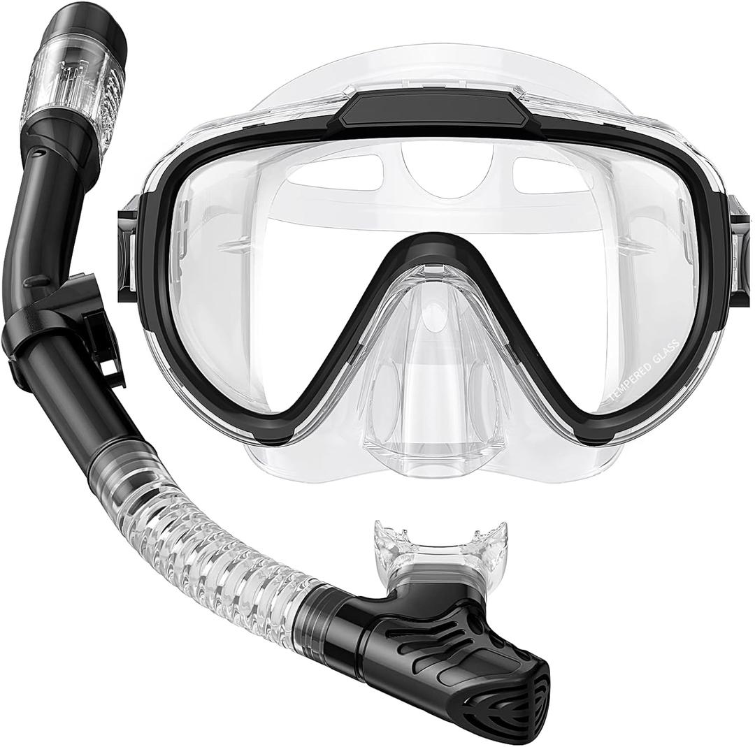 Snorkel Set Adults Snorkeling Gear Anti-Fog Panoramic View Swim Mask Dry Top Snorkel Kit with Carry Bag for Snorkeling Scuba Diving Swimming Travel (Transparent+Black)