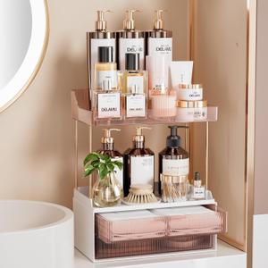 Delamu Bathroom Organizers and Storage, 2-Tier 2-Drawer Makeup Organizer Countertop, Easy to Install, Ideal for Bathroom Storage, Vanity, Large Skincare, Perfume, Present, and More, Grapefruit