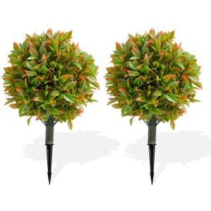 23.6'' Artificial Fall Topiary Ball Trees Set of 2 with Ground Spike,UV Resistant Fake Bushes Artificial Plants, Faux Greenery Plants for Outdoor Front Porch Garden Home Decor