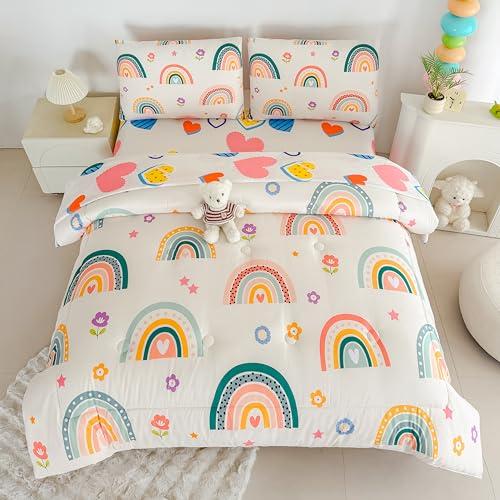 MWMWMW 5 Pcs Rainbow Comforter Set Full, Girls Bedding Sets Full, Colorful Rainbow Bedding Sets for Kids with 1 Comforter, 1 Flat Sheet, 1 Fitted Sheet and 2 Pillowcases