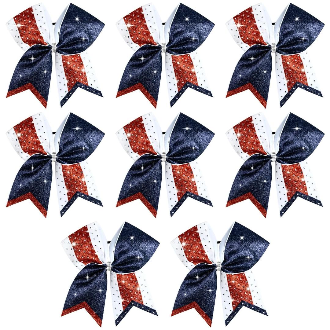 8PCS Glitter Cheer Bow Large Cheer Bows Rhinestones Hair Bows Girls 8"Cheerleading Bows Bulk Elastic Band Ponytail Holder for Teen Girls College Sports Competition