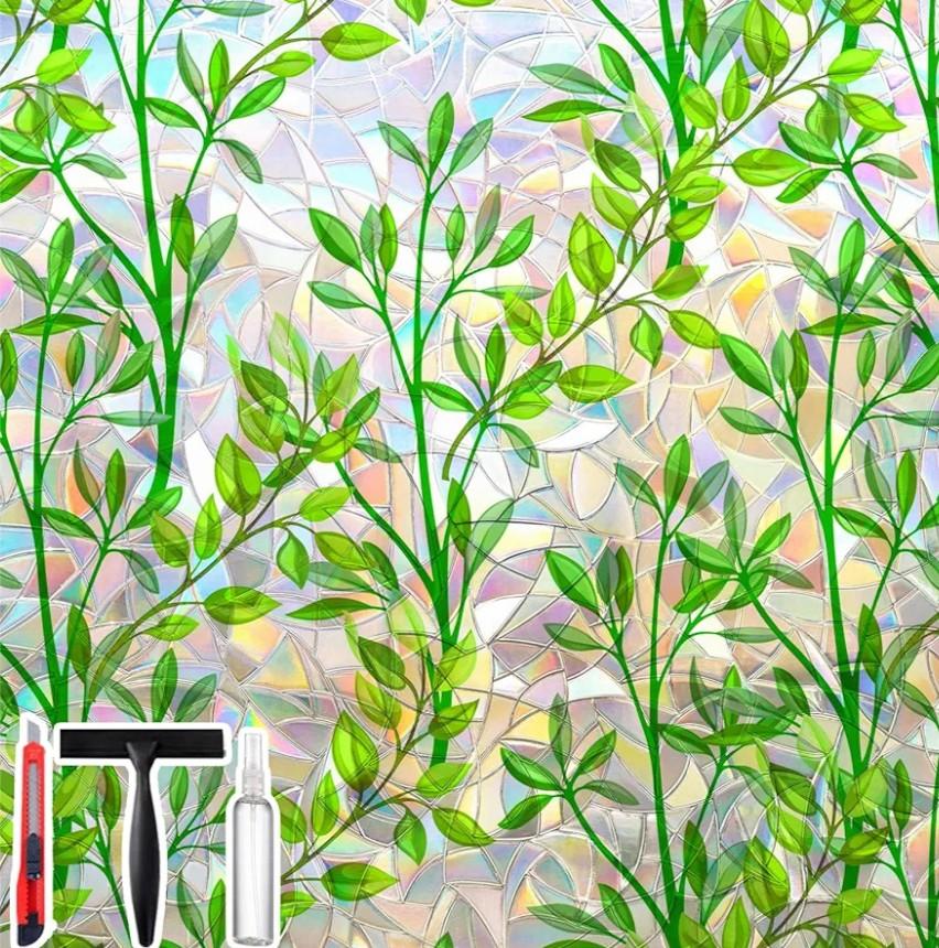 Window Privacy Film with Cutting Grid, NonAdhesive Stained Glass Window Film Decorative, Static Cling Privacy Window Film (Leaf Rainbow,35.4 X 78.7 inch)