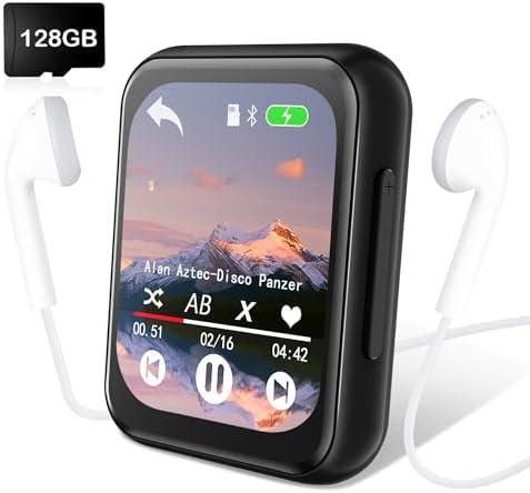 128GB MP3 Player with Bluetooth 5.3, Portable Digital Lossless Music Player with Built-in Speaker, 2.0 in Full Touch Screen, HiFi Sound, FM Radio, Voice Recorder, Earphones Included, Black