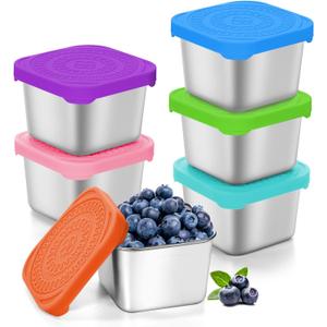 tchrules 6 PCS Mini Stainless Steel Snack Containers with Lids for Kids, 6 oz Small Leakproof Snack Box Container for Toddler, Reusable Metal Food Storage Lunch Box To Go for School Daycare Picnic