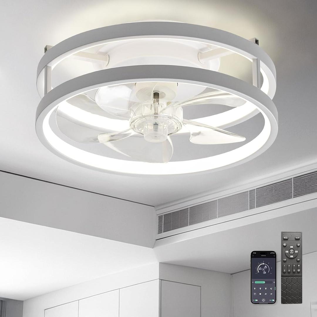 13" Small Ceiling Fan with Light with Remote Low Profile Flush Mount Modern Fandalier, LED Fan Light, Compact Ceiling Fans Lighting for Bedroom Small Room White