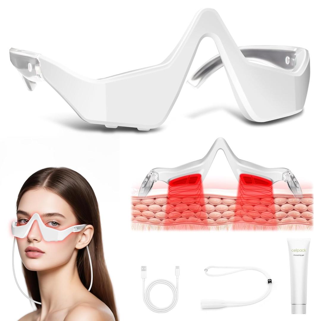 Under-Eye Light Therapy Device, Beauty Device with Eye Massage for Relieve Eye Bags, Eye Fatigue, Dark Circles, with Gel and Glasses Strap (White & 2 modes)
