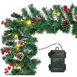 10FT Christmas Garland with 50 LED Lights - Pre-lit Outdoor Xmas Garland - Battery Powered Waterproof String Light with Timer - Pine Garland with Red Berries Snow Pine Cones - 10 Foot by 10 Inch (1pc, Traditional Green+led)