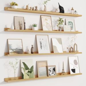 Fun Memories Picture Ledge Shelf for Wall, Floating Shelves Set of 4, 48 Inch Long Nursery Book Shelves for Toys Storage, Kids Bookshelf Wall Mounted for Books Photo Frames, Oak