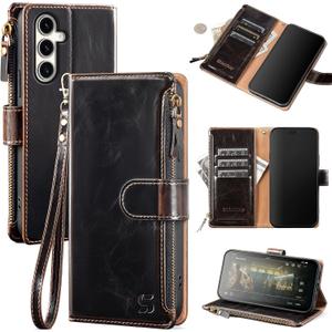 Shieldtop Compatible with Samsung Galaxy S25 Wallet Case with Card Holder,Women Men RFID Blocking PU Leather Flip Cover Wrist Strap Zipper Credit Card Slots,Phone Case for Galaxy S25 6.2",Coffee