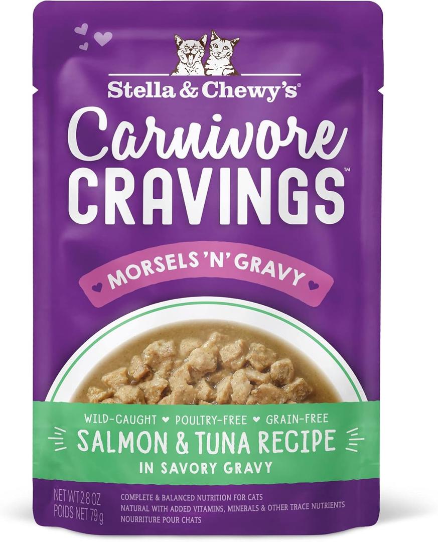 Stella & Chewy's Carnivore Cravings Wet Cat Food Pouches - Premium Salmon & Tuna Recipe - Grain-Free Morsels & Gravy - Perfect for Picky Eaters - Complete Meal or Topper - 2.8oz, 12-Pack