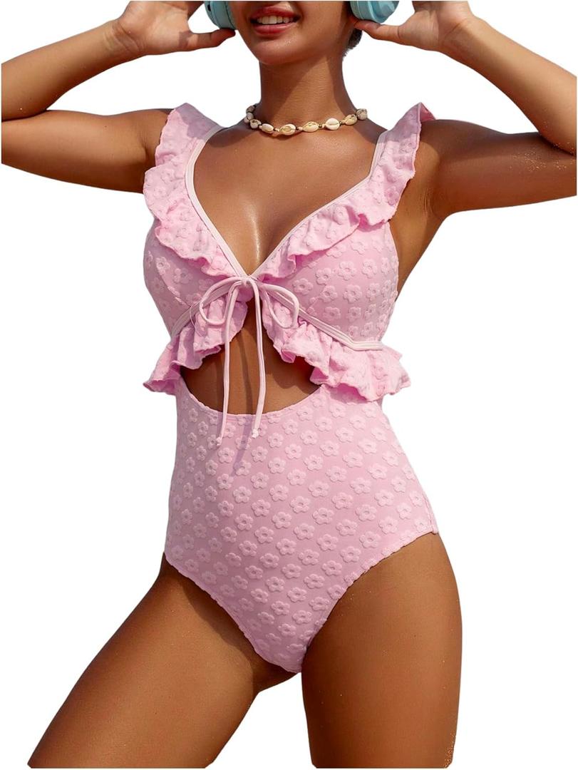 SweatyRocks Women's Cut Out Ruffle Floral One Piece Swimsuit Tie Front Monokini Bathing Suit (Medium, Pink)