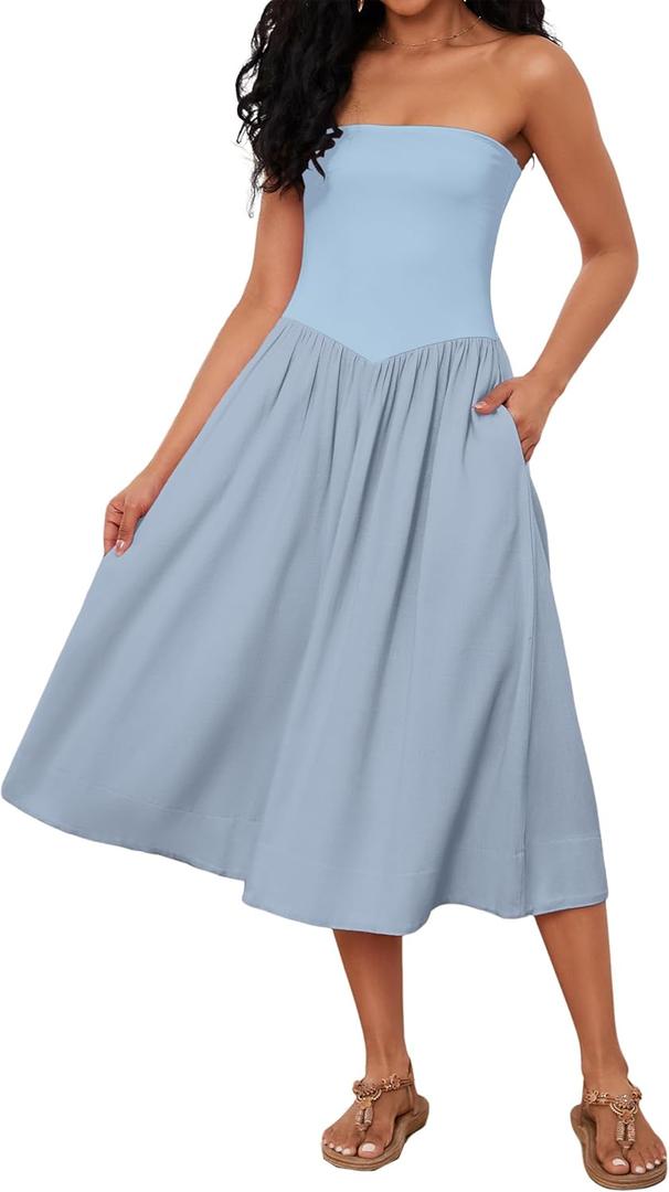 Livtany Women Off Shoulder Midi Dress Strapless Sleeveless Drop-Waist A Line Tube Dress Trendy Summer Swing Patchwork Dress (Blue) M/L