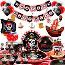 161 Pcs Pirate Birthday Party Decorations Supplies, 16 Guests Pirate Party Tableware Set Boat Hanging Swirls Captain Plates Cups Napkins Tablecloth Banner Balloons etc for Captain Birthday Decorations