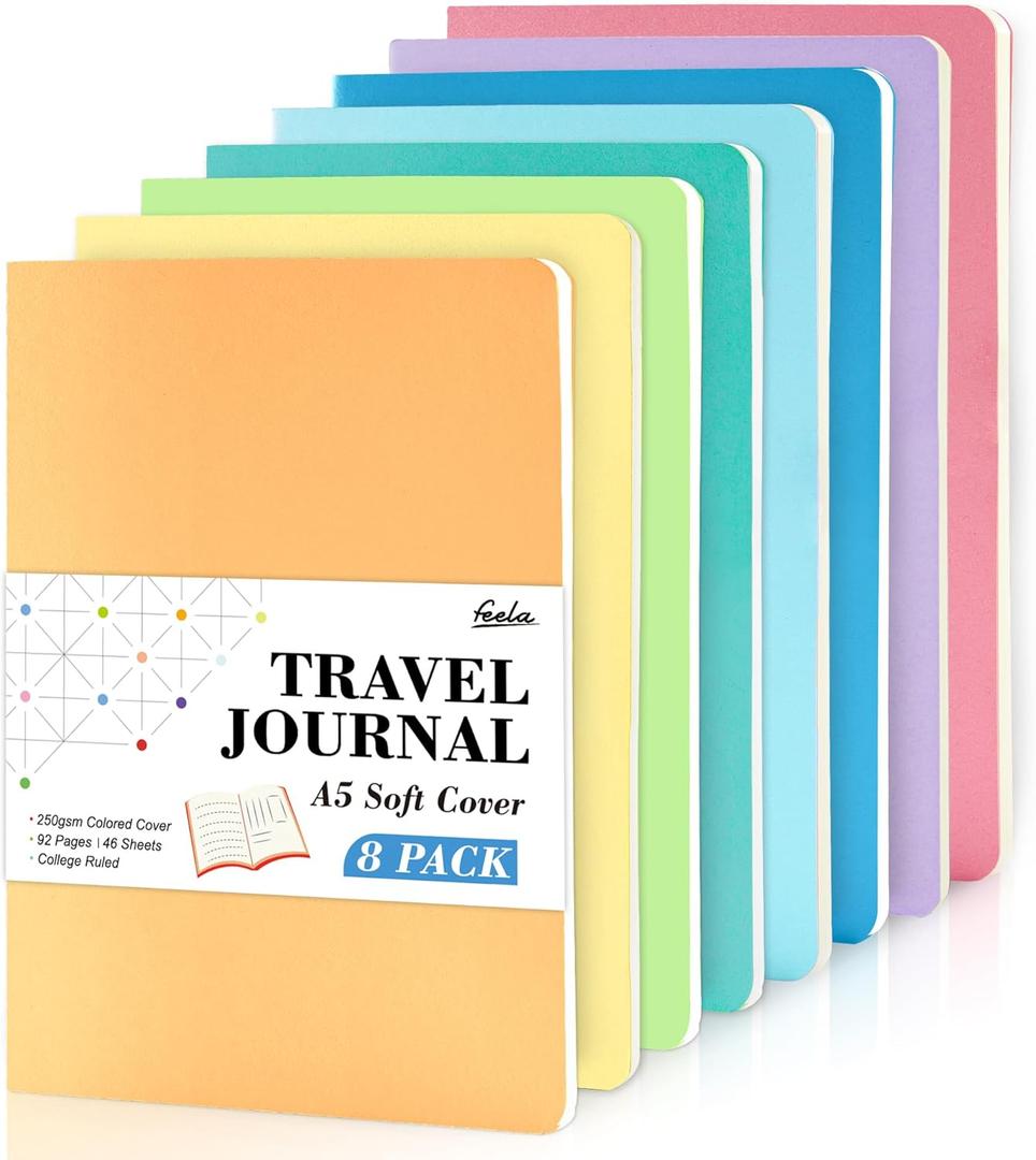 feela 8 Pack Soft Cover Journal Bulk, Notebooks College Ruled for Work, Lined Travel Journal for Students Women, Note Taking Notebook School Supplies Business Writing, 8.2 x 5.5, A5, Pastel Colors