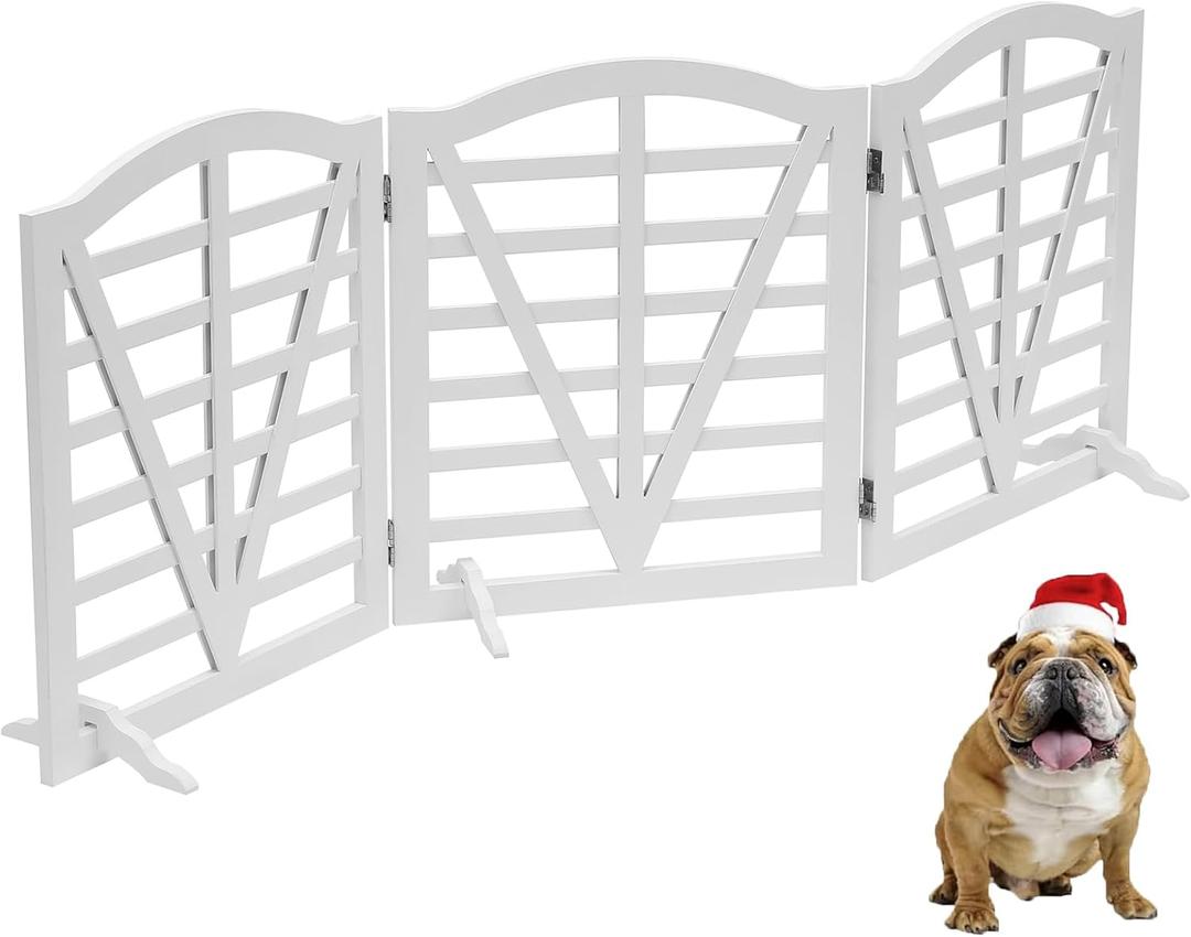 Wooden Dog Gate Freestanding Pet Gate Foldable Pet Gate for Dogs,Indoor Dog Fences with 3Foot Supportershite,3Pane 23.6" Height-White.