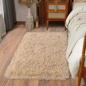 Soft Runner Rugs for Bedroom Hallways, 2x3 Beige Fluffy Shag Throw Area Rug for Bedside Dorm, Long Shaggy Furry Carpet for Nursery Living Room New Upgraded Non-Slip Bottom