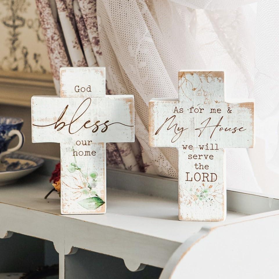 Wood Wall Cross Set of 2 Distressed Whitewashed Wooden Cross Crucifix Spring Style Christian Catholic for Farmhouse Home Living Room Table Decor