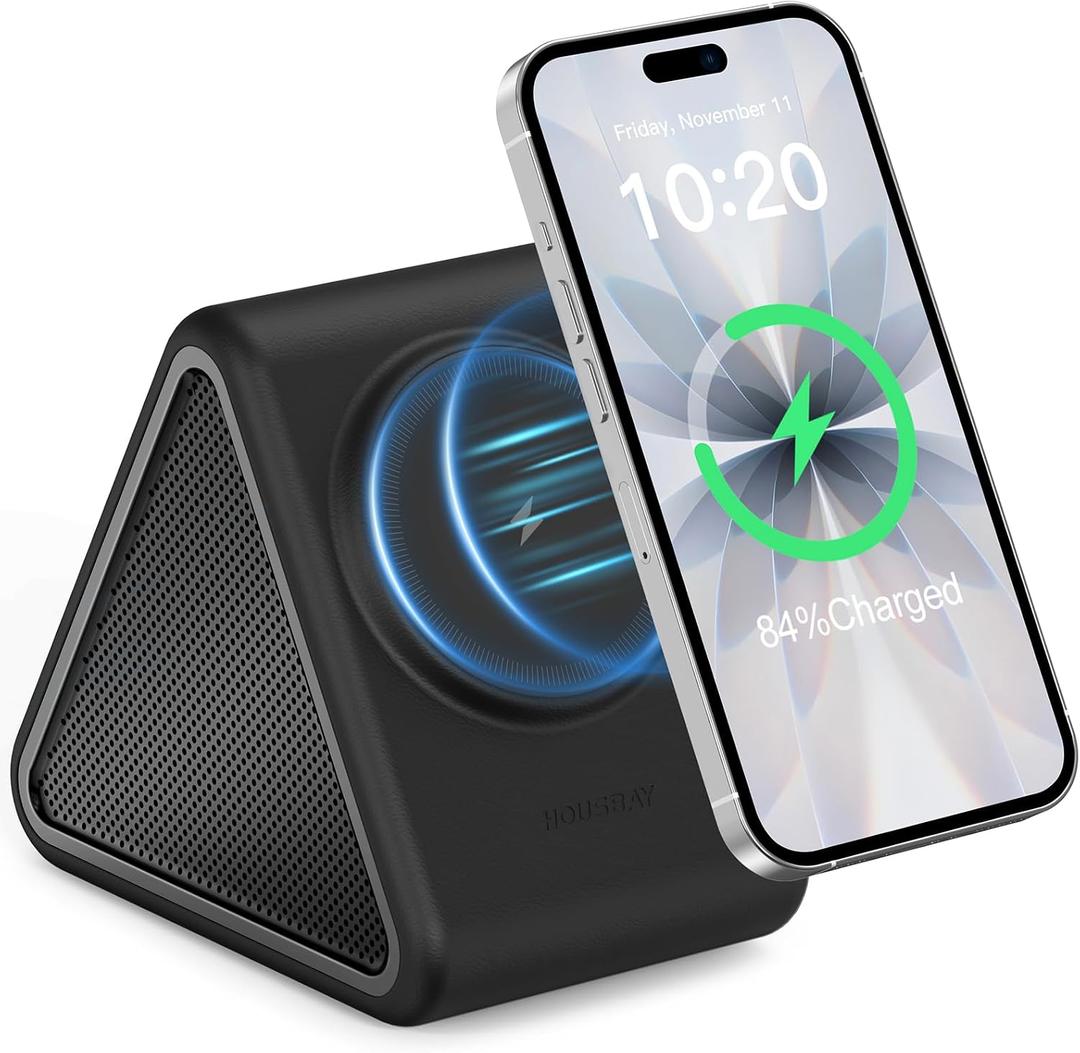 Housbay Sound Machine with Magnetic Wireless Charger for iPhone, 2-in-1 Design for Clutter-Free Nightstand, Dual-Speaker Stereo Sound for Sleeping - Black