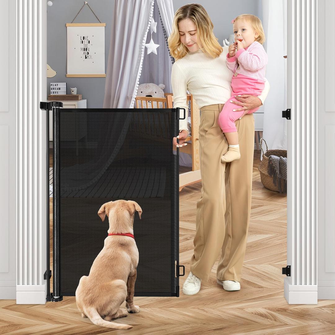 42 Inch Extra Tall Dog Gate Indoor 55” Wide Puppy Gates for The House Prevent Kids/ Pets from Jumping Over Retractable Extra Tall Baby Gates for Doorways Retractable Outdoor Pet Gate for Stairs, Black