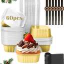 YQER 60 Pack 10oz Mini Cake Pans with Lids, Spoons, Stickers - Disposable Square Brownie Baking Cups - Individual Small Aluminum Foil Loaf Tins for Muffin, Ramekins, Cupcake - Catering, Gift, Gold
