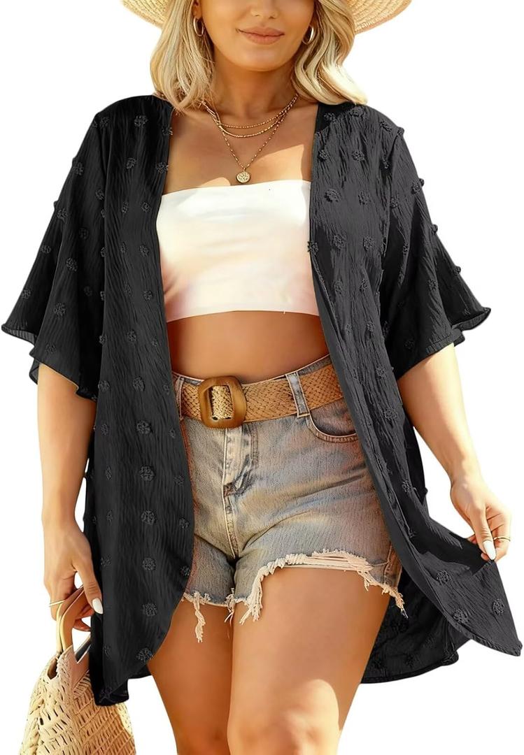 DOLNINE Plus-Size-Cardigan for Women Short Sleeve Lightweight Summer Kimono Cardigan Casual Loose Beach Cover Up (X-Large Plus, Black)
