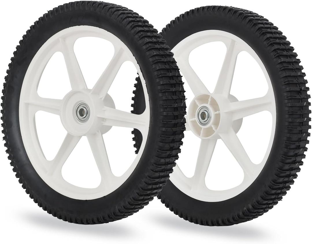 14 x 2'' Rubber Tire and Spoked Plastic Wheel, 1.75" Offset Hub Length, 1/2" Axle Bore, for Lawn Mower Trolley Dolly Wheel Replacement, 2 Pack, 2 Pcs