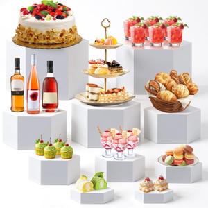 Leinuosen 10 Pcs Large Buffet Risers, Hexagonal Catering Dessert Table Risers Food Decorative Stands 4 to 12 Inch with Hollow Bottom for Catering Supplies, Party(White)