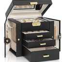 AKOZLIN 4-Tier Jewelry Box Leather Jewelry Storage Organizer with 3 Drawers Lockable for Women Girls Ring Necklace Earring Bracelet Holder with Mirror Black (Regular-4 Layer)