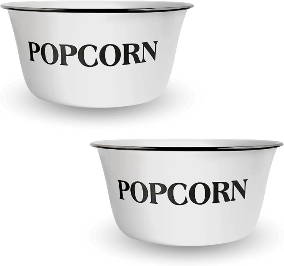 CWI 2 Popcorn Bowls for Family Movie Night - Round White Popcorn Buckets with Black Touches for Party and Camping - Classic White with Black Rim, Durable
