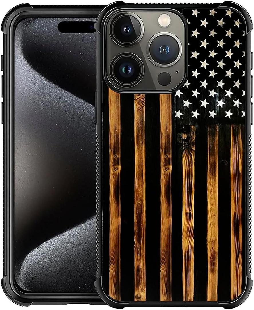 DJSOK Case for iPhone 16 Pro,Luxury Pattern Design Shockproof Rugged Cover,Cases for Man Woman-Classic Wood Grain Old Flag