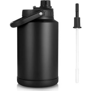 Sursip 1 Gallon Insulated Water Jug wtih Straw, Stainless Steel Large Sports one Gallon Water Bottle for Travel, Hiking, Camping 128 oz(Black)