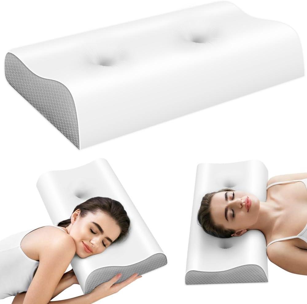 Cervical Pillow for Neck Pain Relief - Contour Pillow Memory Foam Pillows for Sleeping, Double Ear Relief Zones Neck Pillow, 6CM Enhanced Neck Support Cooling Bed Pillow for All Sleep Positions (Standard (Pack of 1), White Grey)