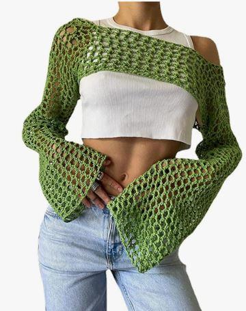 VAOYIU Women's Knit Crochet Crop Tops Long Sleeve Beach Cover Ups Hollow Out Off-Shoulder Y2K Pullover Sweater T-Shirt
,L