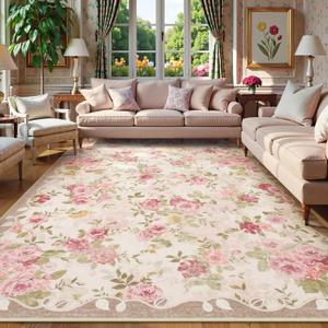 Lahome Floral Washable Rugs 9x12, Large Area Rugs 9x12 Living Room, Soft Non-Slip Thin Vintage Boho Bedroom Carpet for Dining Room Playroom Nursery Farmhouse, Nina Beige/Pink/Multi