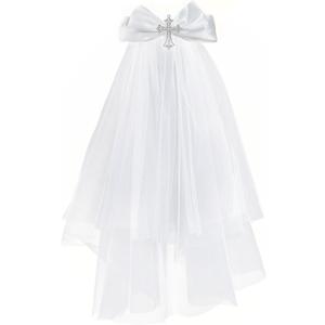 Girls First Communion Veil Headwear, White Bow and Cross Veil For Girls First Communion Dress Up (White)