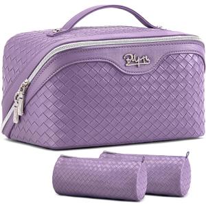 BOYATU Travel Makeup Bag Cosmetic Bags for Women: Large Capacity 3 Pcs Set Make up Bag with Compartments - Waterproof Vegan Leather Toiletry Organizer Bags with Handle (Purple)