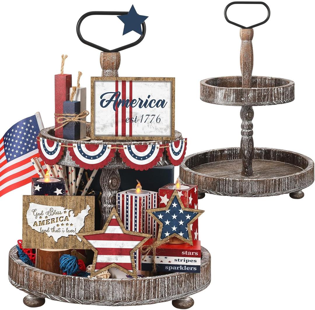 15 Pcs 4th of July Patriotic Tiered Tray Decor Set with Vintage Wooden Tray Independence Day American Decoration Rustic Farmhouse 250th Anniversary Memorial Day Red White Blue Wooden Sign