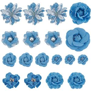 18 PCS Flower Shape Denim Fabric Patch Set, Denim Ribbon Fabric Sewing Flowers for Clothes Hairclips Decoration, DIY Costume Accessories and Flower Decorations Crafts for Party