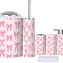 Bathroom Accessory Set 6 Piece Boho Cute Coquette Seamless Pattern Bow Delicate Pink Trendy Patterned Trash can, Toothbrush Holder, Soap Dispenser, Soap Dish, Toothbrush Cup, Toilet Brush Holder (Multi9)