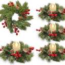 4 Pcs 9" Christmas Candle Rings Wreath Flocked Pine Red Berry Pinecones Small Wreaths Artificial Berries Snowy Pine Candle Ring Holder for Kitchen Cabinets Christmas Wedding Home Table Centerpiece