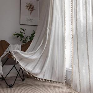 Boho Curtains for Bedroom Embroidery Striped Farmhouse 84 Inches Long 2 Pannels Set White Linen Light Filtering for Living Room Rod Pocket Drapes(52" W x 84" L,White)