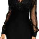 CHICME Women's Glitter Party Dress V-Neck Mesh Sheer Lantern Sleeve Mini Dresses Zipper Back Slim Fit Evening Dress (Medium, Black)