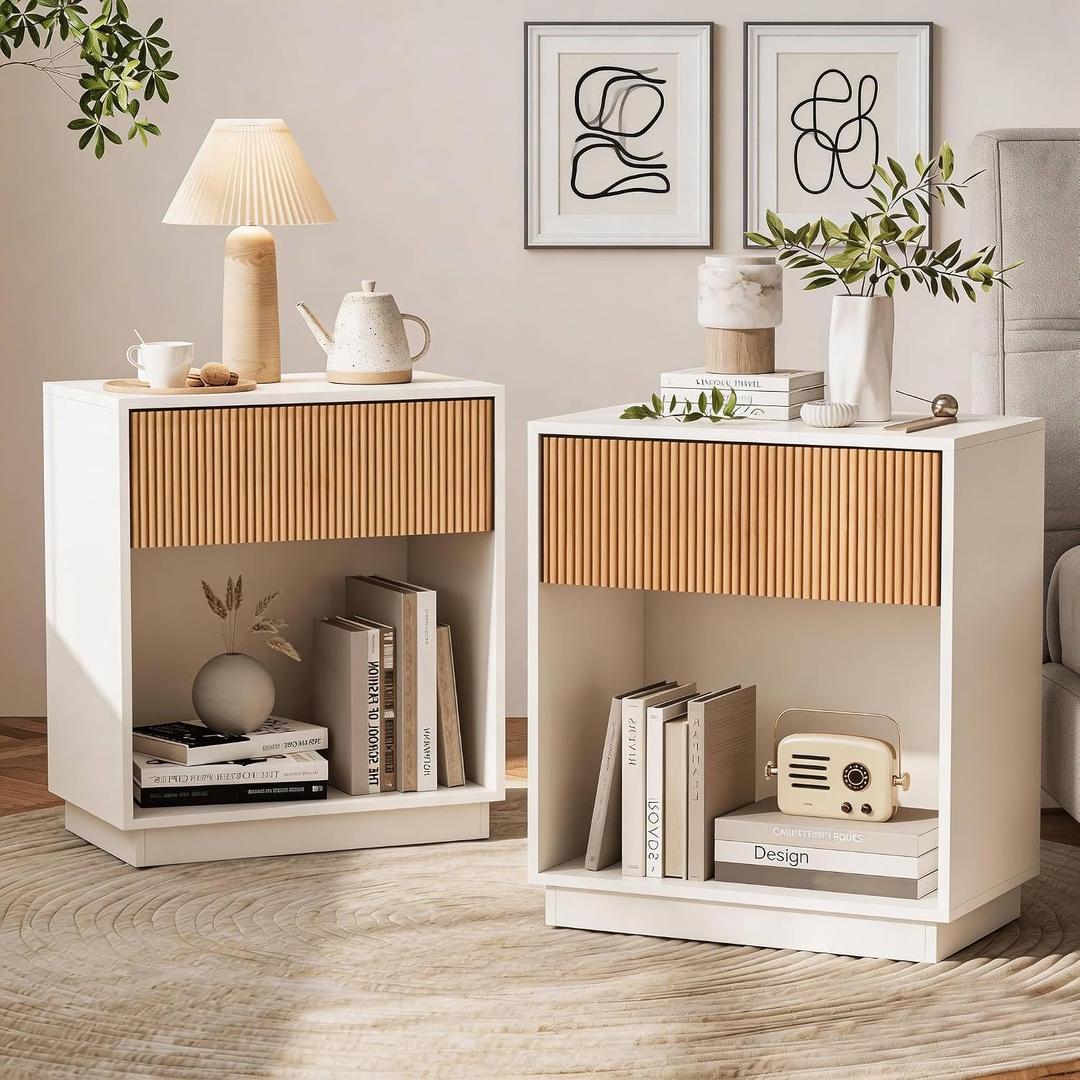 Fluted Nightstands Set of 2, Modern Bedside Table with Drawer and Open Storage Shelf, Wood End Table Mid Century Night Stands for Bedroom Living Room, White Oak, 19 inches x 12 inches x 24 inches